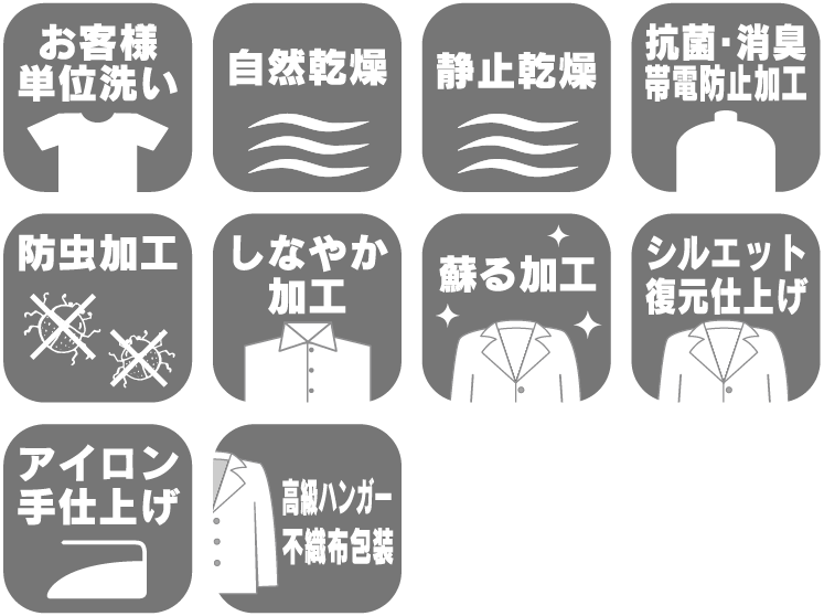 お客様単位洗い、自然乾燥、静止乾燥、抗菌・消臭帯電防止加工、防虫加工、しなやか加工、蘇る加工、シルエット復元仕上げ、アイロン手仕上げ、高級ハンガー不織布包装